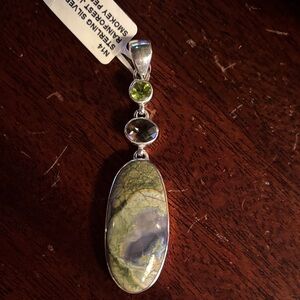 Sterling Silver Pendant with Rainforest Jasper, Smokey Quartz & Peridot. NWT